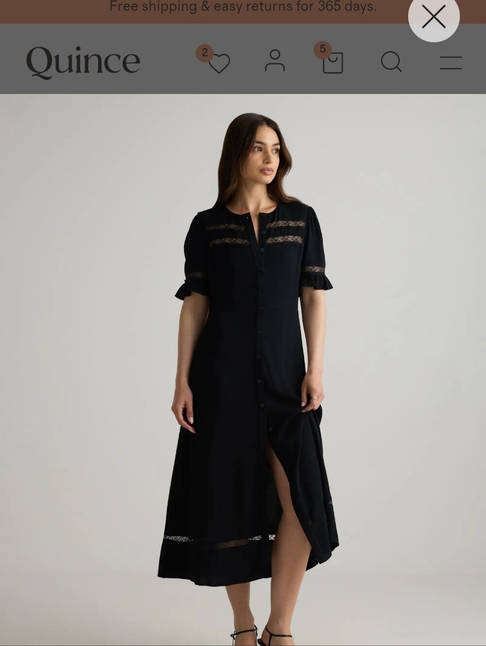 Black Button-Front Midi Dress with Lace Insets, Quince Small